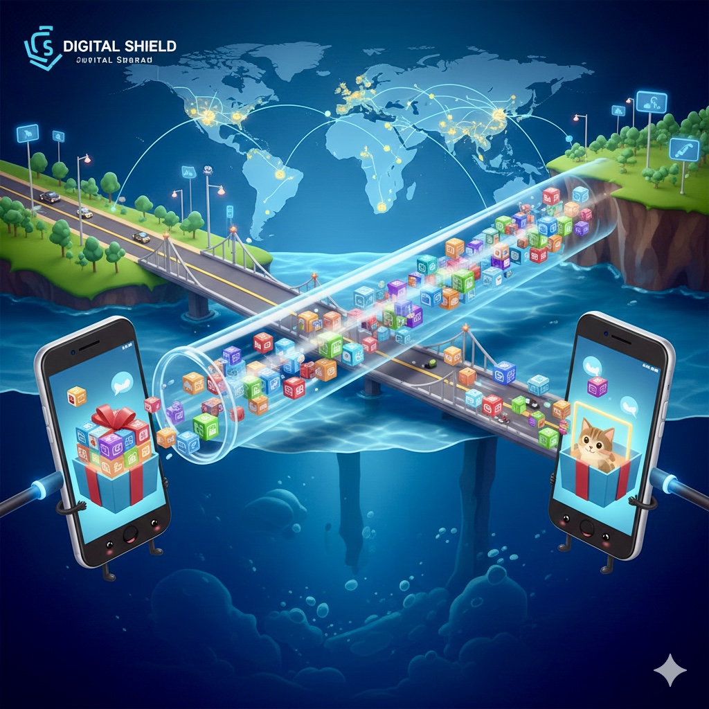 رسوم توضيحية تظهر بيانات الإنترنت كصناديق ملونة تجري داخل مواسير شفافة تربط بين الهواتف الذكية حول العالم.