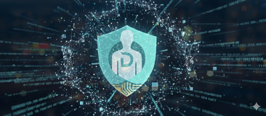 خلفية تقنية متطورة للأمن السيبراني تظهر درعاً رقمياً يحمي مستخدماً وسط شبكة بيانات مشفرة ورموز ثنائية زرقاء