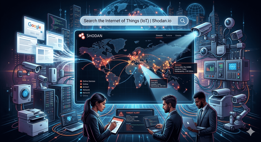 اكتشف كيف يعمل Shodan، محرك البحث المخصص للأجهزة المتصلة (IoT). دليل مبسط للمبتدئين وتحليل متقدم لخبراء الأمن السيبراني لاكتشاف الثغرات وتأمين الأجهزة.