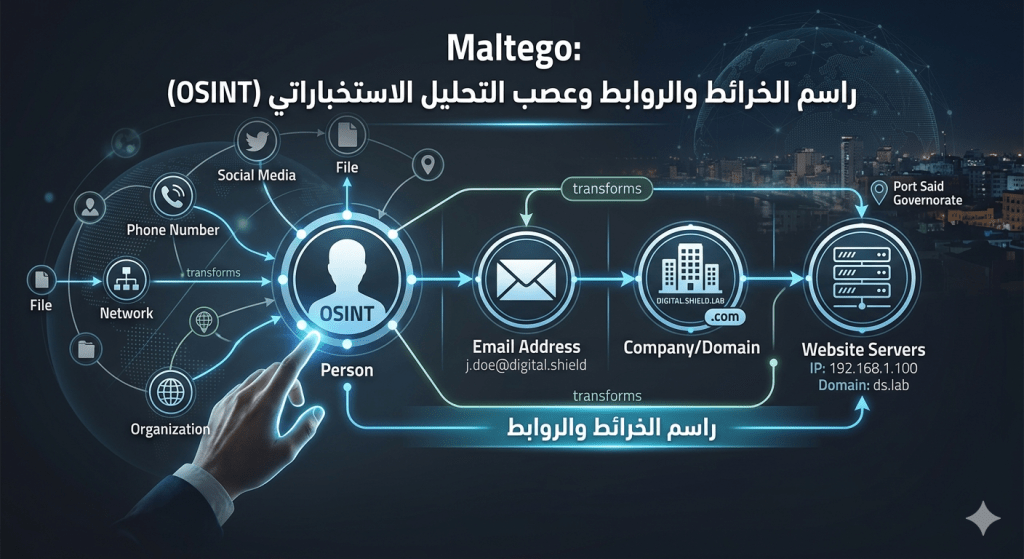 اكشف العلاقات الخفية وربط البيانات المعقدة! تعرّف على أداة Maltego، الأداة الأقوى في التحليل الاستخباراتي (OSINT) التي تحوّل النصوص إلى خرائط بصرية تفاعلية، بدءًا من شخص وحتى خوادم موقعه.