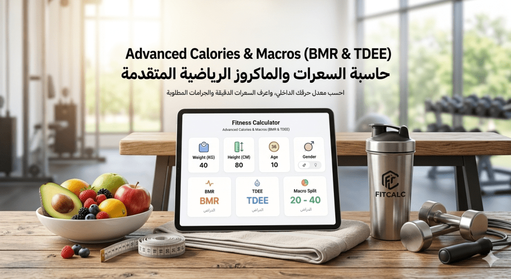 الحاسبة الرياضية المتقدمة للسعرات والماكروز هي أداة ذكية مصممة خصيصاً لمساعدتك في إدارة نظامك الغذائي والبدني بدقة بالغة. بالاعتماد على معادلة Mifflin-St Jeor الأكثر دقة عالمياً في الطب الرياضي، تقوم الأداة بحساب معدل الأيض الأساسي (BMR) وهو كمية الطاقة التي يحرقها جسمك للبقاء على قيد الحياة بدون مجهود، ثم تدمجها مع مستوى نشاطك اليومي الفعلي لاستخراج إجمالي الطاقة المستهلكة (TDEE).