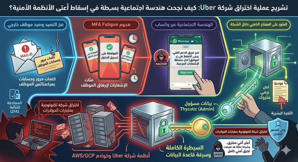 تعرف على قصة واختراق شركة أوبر الشهير. تشريح دقيق يوضح كيف استغل الهكر الهندسة الاجتماعية وثغرة تعب المصادقة الثنائية (MFA Fatigue) لاختراق حسابات الشركة.