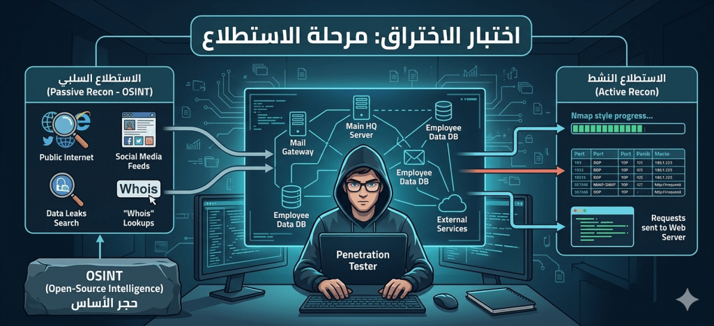 اكتشف أهمية مرحلة الاستطلاع في اختبار الاختراق، والفرق بين الاستطلاع السلبي والنشط، وكيف يعد الـ OSINT حجر الأساس لنجاح عمليات الأمن السيبراني. اقرأ المزيد لتعزيز مهاراتك.