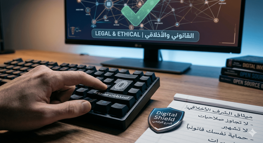 دليل المبتدئين لفهم الجانب الأخلاقي والقانوني في الـ OSINT. تعلّم الخطوط الحمراء، وكيف تحمي نفسك أثناء جمع المعلومات أونلاين دون ملاحقة قضائية.