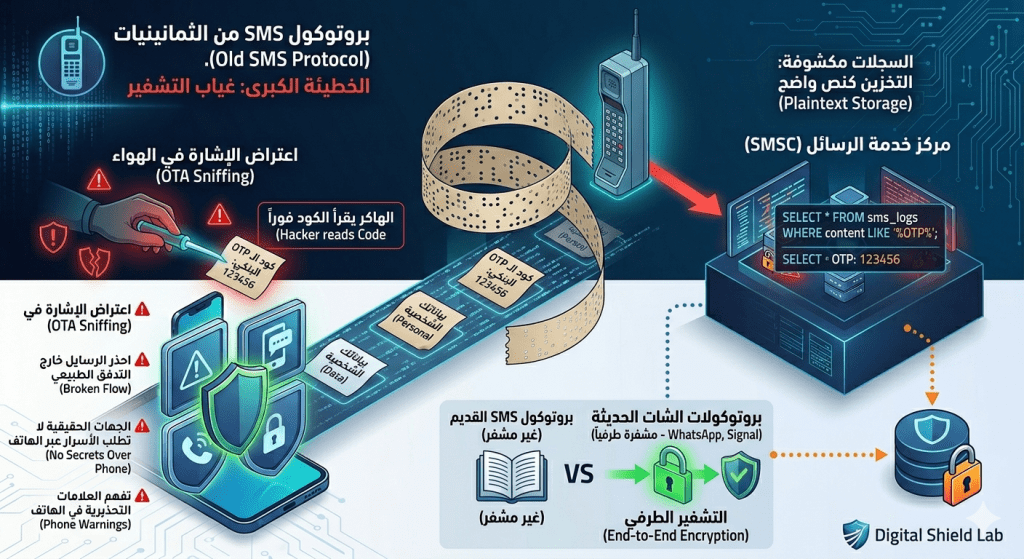 اكتشف الثغرة الهندسية الكبرى في الرسائل النصية الـ SMS ولماذا يتم إرسالها بنص مجرد غير مشفر، وكيف يستغل الهاكرز ثغرة SS7 لسرقة أكواد الـ OTP.