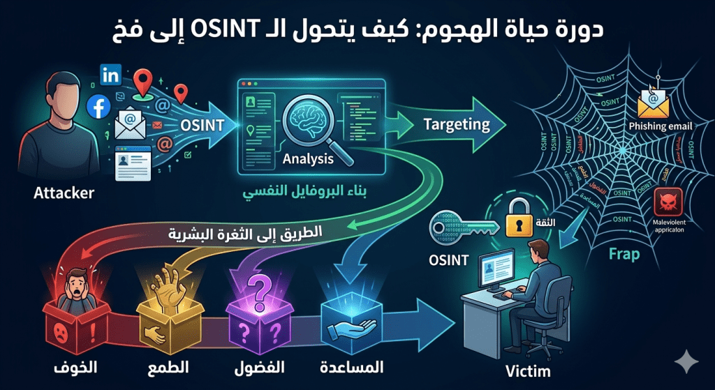 هل تساءلت يوماً كيف يخطط المهاجمون لاختراقك؟ اكتشف دورة حياة الهجوم بالهندسة الاجتماعية، بدءاً من جمع المعلومات (OSINT) وصولاً إلى نصب الفخ النفسي. تعلم كيف تكتشف الأنماط وتتجنب الوقوع ضحية.