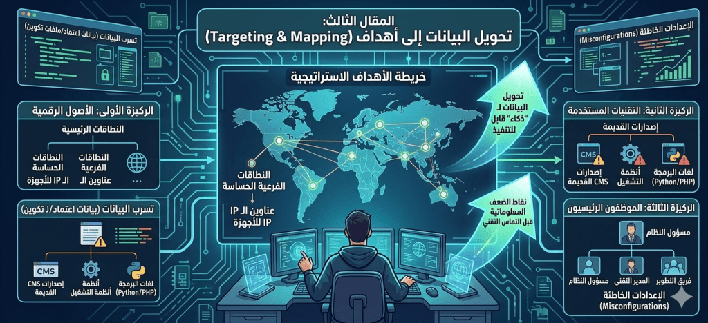 تعلم كيف تحول البيانات المجمعة من مرحلة الاستطلاع إلى خريطة أهداف واضحة. اكتشف كيفية تحديد الأصول التقنية، والموظفين، ونقاط الضعف المعلوماتية قبل البدء في الهجوم التقني.