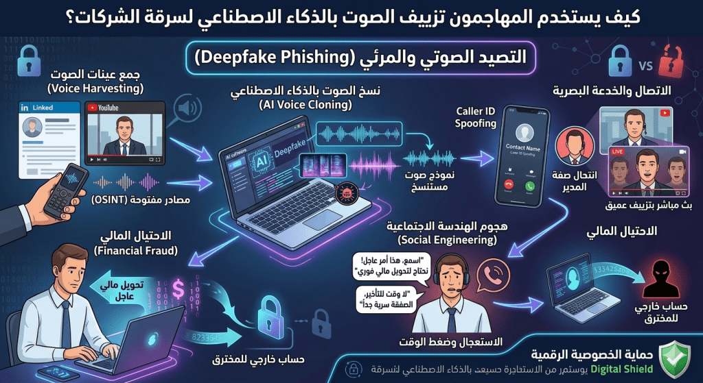 تعرف على مخاطر التصيد الصوتي والتزييف العميق (Deepfake Phishing). دليل مبسط يكشف كيف يستغل الهكرز الذكاء الاصطناعي لسرقة الأصوات واختراق الشركات.