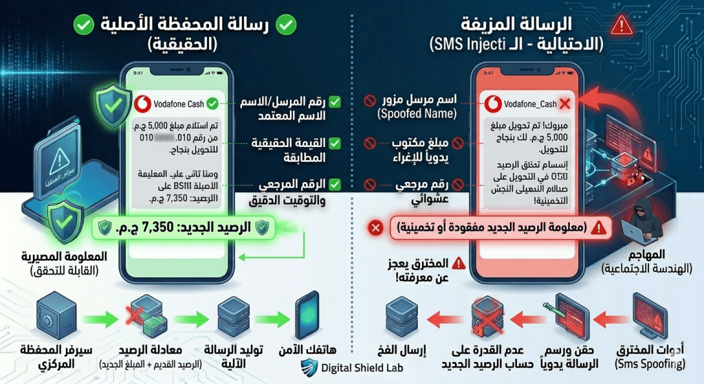 تعرف على ثغرة الـ SMS Injection في المحافظ الإلكترونية، وكيف يمثل "الرصيد الإجمالي الجديد" الفارق الحاسم بين الرسالة الحقيقية والمزيفة لحمايتك من الاحتيال.