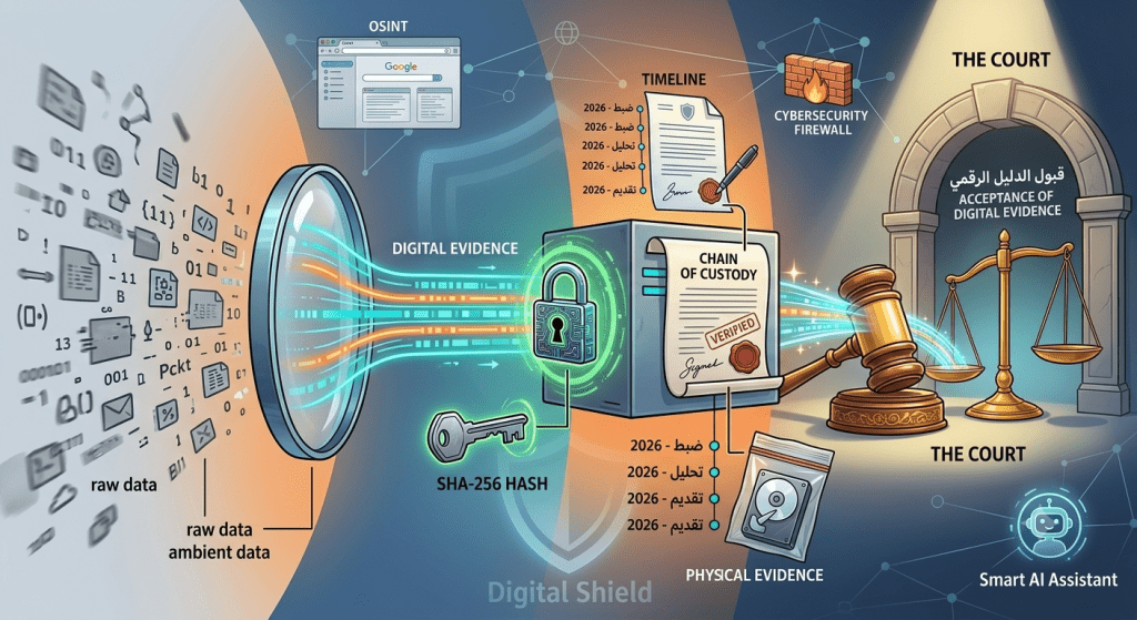 تعرف على مفهوم الدليل الرقمي (Digital Evidence) والشروط القانونية والتقنية الصارمة لضمان قبوله أمام القضاء، مع شرح لأهمية الـ Forensics Hashing وسلسلة الحيازة.