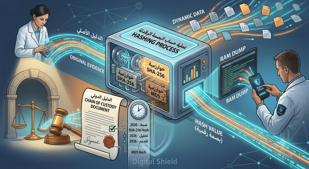تعرف على مفهوم الـ Hashing وكيف تُستخدم خوارزميات MD5 و SHA-256 كبصمة رقمية للملفات لإثبات سلامة الأدلة وحمايتها من الطعن في المحاكم السيبرانية.