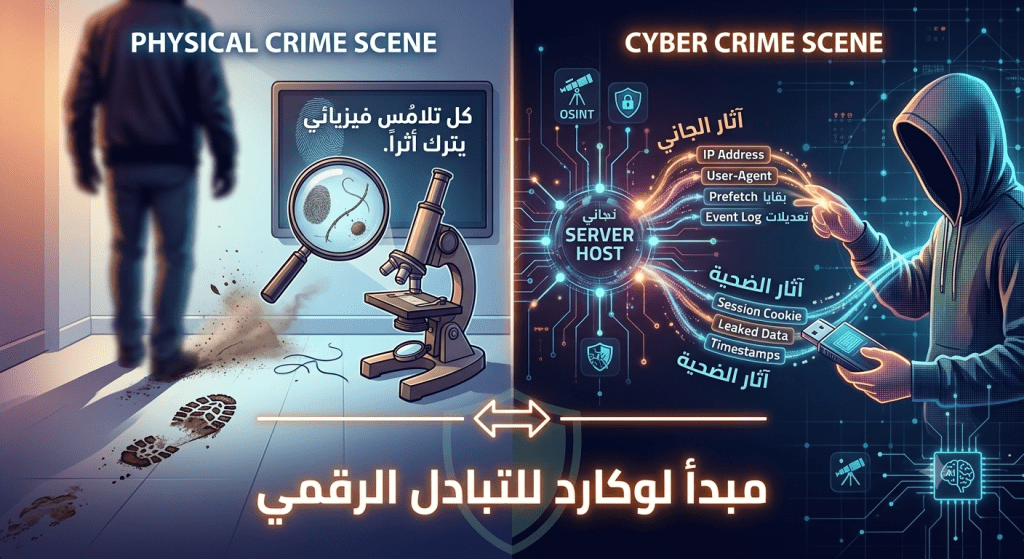 كيف يطبق المحققون قانون لوكارد الفيزيائي "كل تلامس يترك أثراً" داخل الفضاء السيبراني لكشف المتسللين واستخراج الأدلة الرقمية المخفية في الأنظمة.