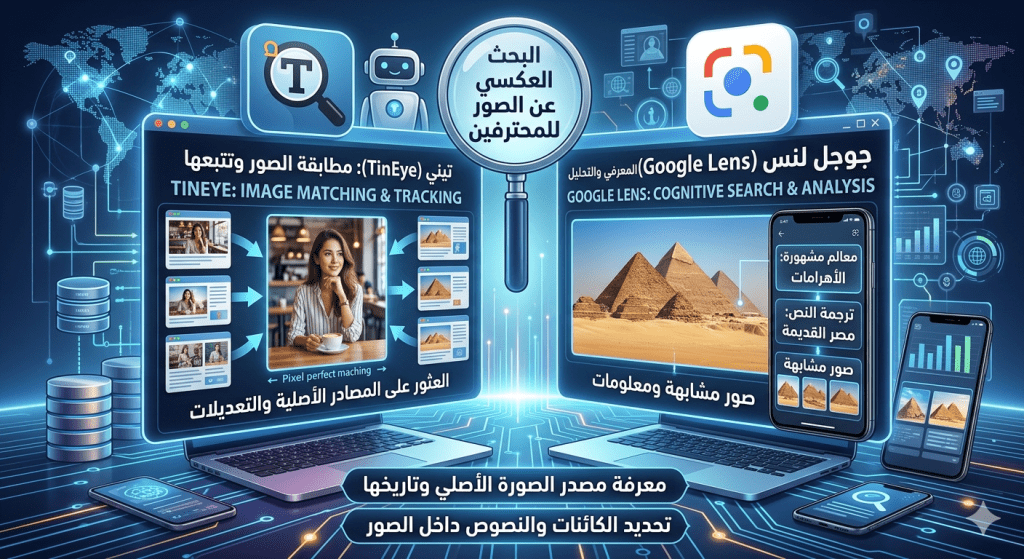 اكتشف الفرق بين Google Lens و TinEye في البحث العكسي عن الصور. تعلم كيفية الوصول للمصدر الأصلي للصور، التحقق من مصداقيتها، وحماية حقوق ملكيتك الفكرية بأدوات احترافية.