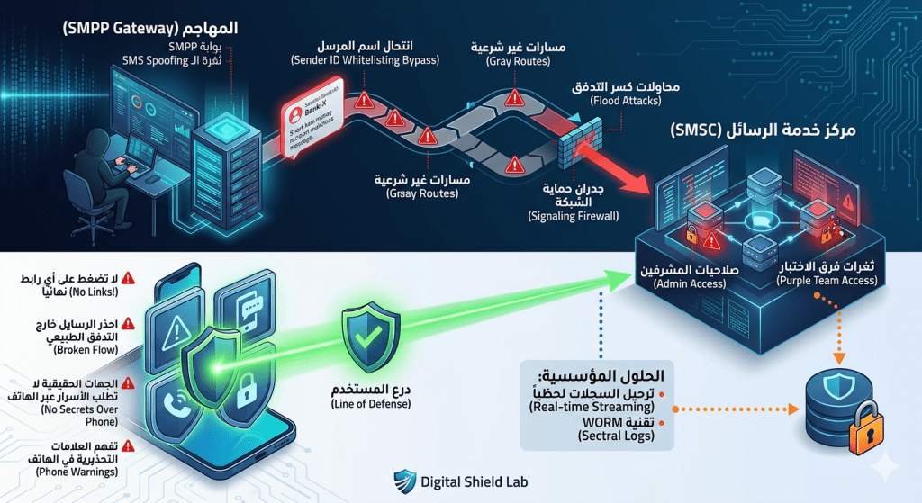 اكتشف كيف ينجح المهاجمون في تزييف اسم المرسل (SMS Spoofing) لتصلك الرسائل الاحتيالية داخل محادثات البنوك الرسمية، وكيف تحمي نفسك والشبكات منها.