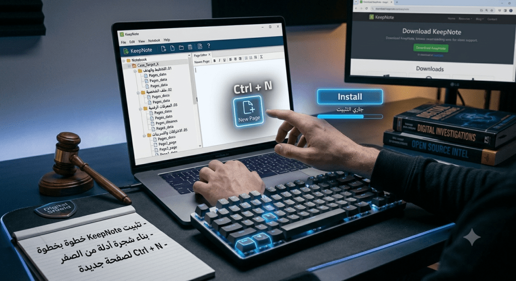 شرح تفصيلي لبرنامج KeepNote للمحققين الرقميين. تعلّم كيفية تثبيت البرنامج وبناء أول شجرة أدلة (Note Tree) لتنظيم تحقيقات الـ OSINT من الصفر.