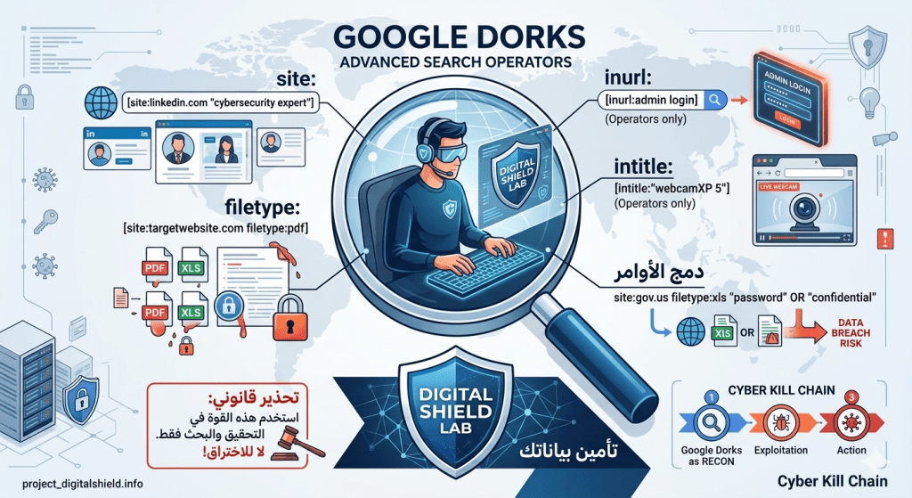 تعلم كيفية استخدام معاملات بحث جوجل (Google Dorks) لاحتراف استطلاع المصادر المفتوحة. دليل عملي شامل مع أمثلة تطبيقية وخطوات لحماية موقعك من الاختراق.