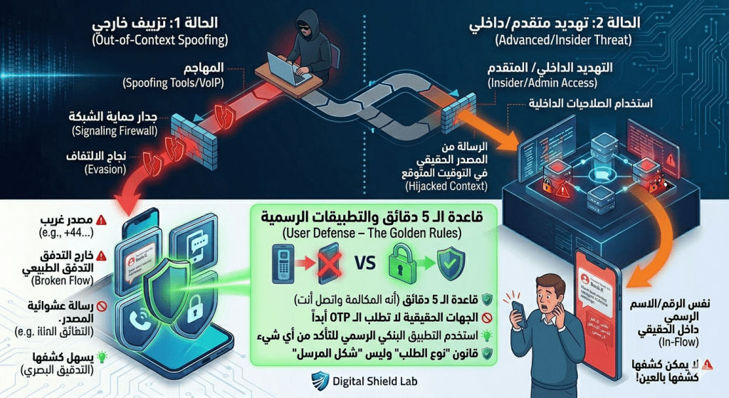 حتى لو نجح المخترق الداخلي في إرسال الرسالة من رقم البنك الرسمي؛ تعلّم كيف تحميك قاعدة "نوع الطلب" والتطبيقات الرسمية من أخطر اختراقات الشبكة.