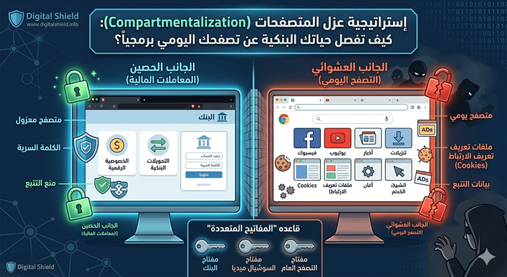 خطأ واحد نرتكبه جميعاً قد يدمر حساباتنا البنكية! تعرف على إستراتيجية العزل (Compartmentalization) وكيف تفصل حياتك المالية عن تصفحك اليومي برمجياً.