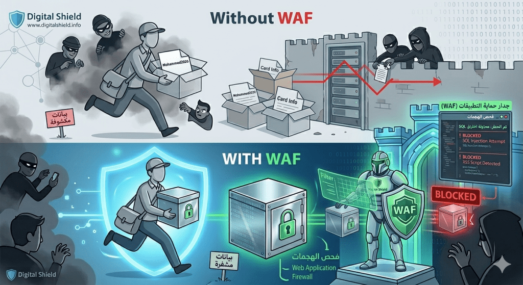 تعرف على جدار حماية التطبيقات (WAF) ودوره في الأمن السيبراني. دليل مبسط يشرح كيف يمنع الحارس الصارم اختراق المواقع، هجمات الحقن، وسرقة بياناتك.