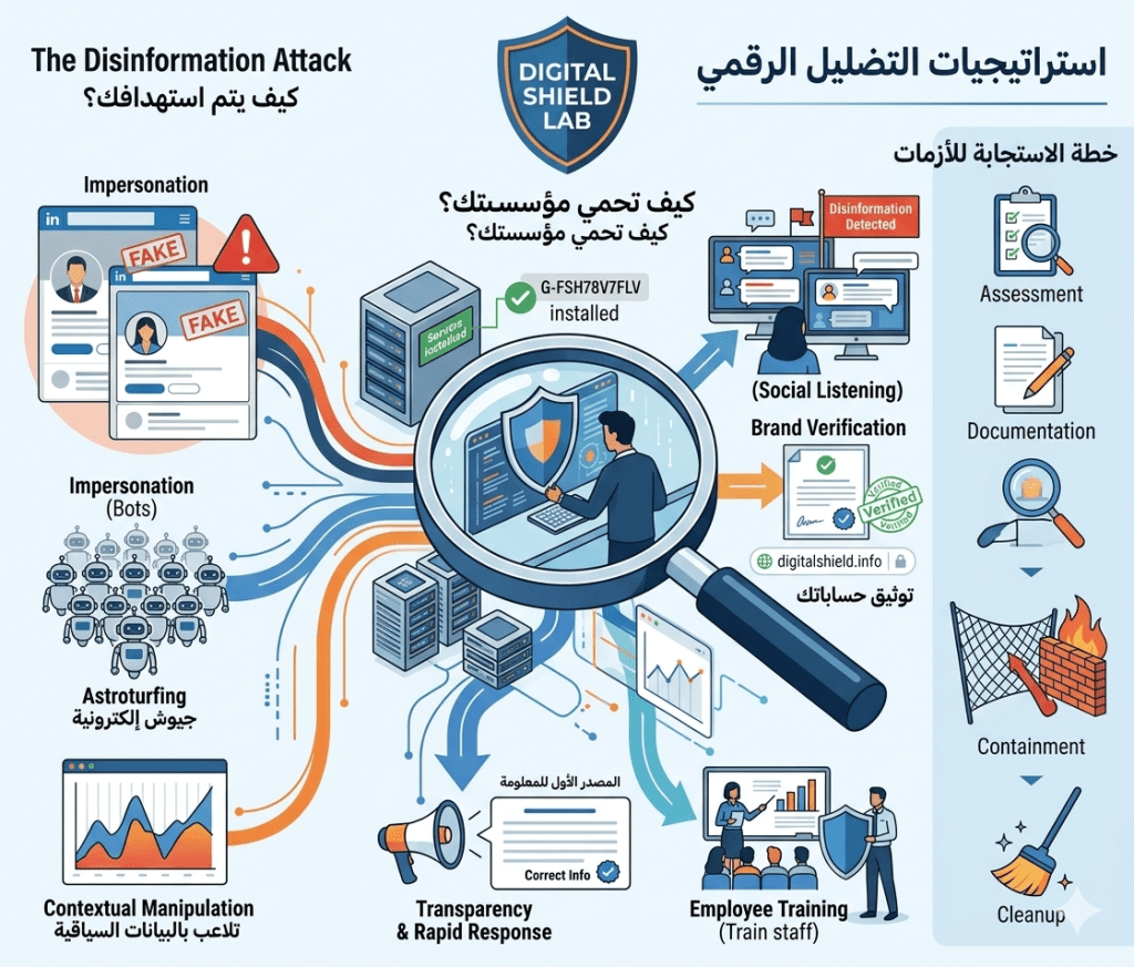 اكتشف استراتيجيات الدفاع ضد التضليل الإعلامي وحملات التشويه الرقمي. دليل عملي لحماية مؤسستك من انتحال الهوية، الجيوش الإلكترونية، والتلاعب بالرأي العام.