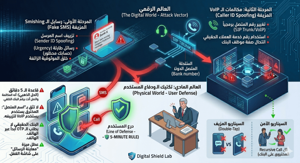 تعلّم كيف يدمج الهاكرز بين رسائل الـ SMS وتزييف المكالمات عبر الـ VoIP لتنفيذ هجوم الضربة المزدوجة الخبيث، وكيف تكتشف الخداع النفسي وتحمي حساباتك.