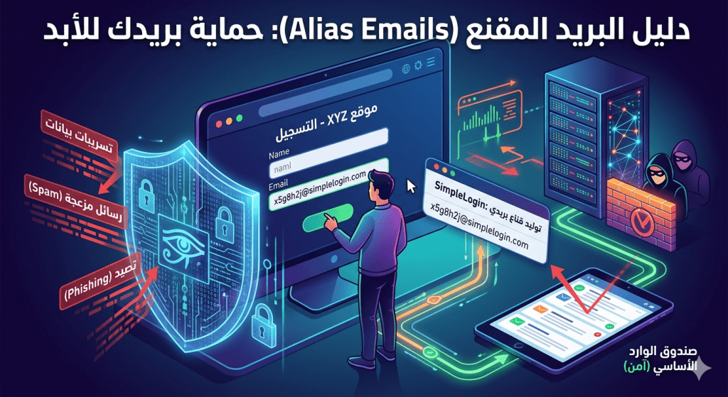 اكتشف دليل استخدام رسائل البريد المقنعة (Alias Emails) لحماية بريدك الإلكتروني الأساسي من التسريبات، الرسائل المزعجة (Spam)، والاختراقات للأبد. ابدأ تأمين هويتك الرقمية الآن!