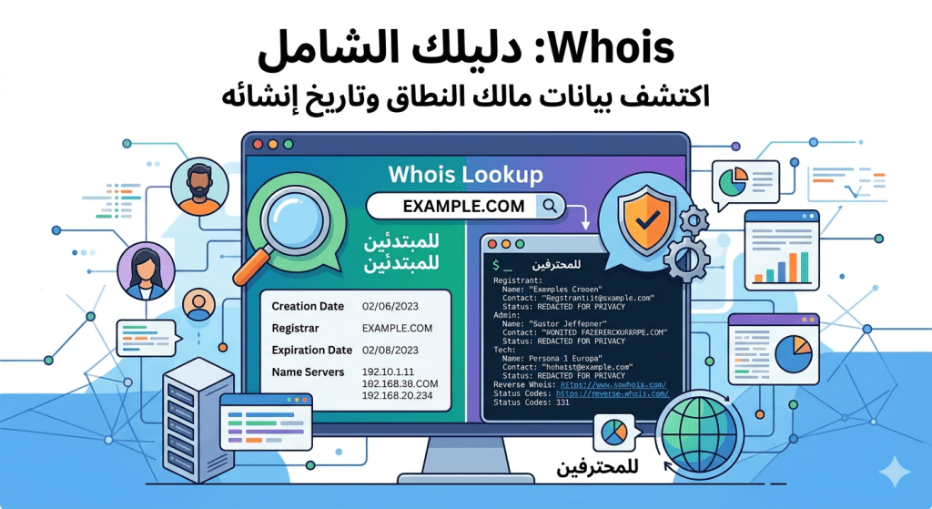 اكتشف أسرار استخدام Whois لمعرفة معلومات النطاقات (Domain). دليل عملي يغطي أساسيات الاستعلام وتقنيات البحث الاحترافية لحماية بياناتك وإدارة نطاقاتك باحترافية.