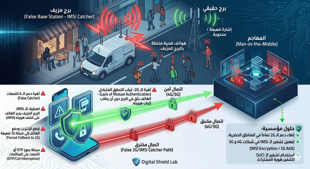 تعرف على كيفية عمل الأبراج المزيفة (IMSI Catchers) واجبار الهواتف على شبكات 2G لاعتراض الرسائل والمكالمات، وطرق الحماية المؤسسية والشخصية منها.