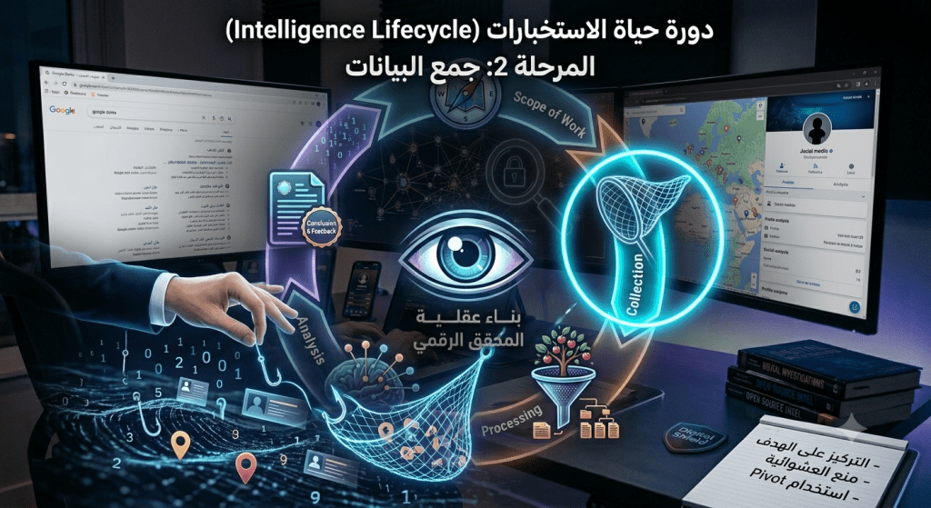 الدليل المرجع لفهم مرحلة جمع البيانات (Collection Phase) في الـ OSINT. تعلّم كيف تقتنص الأدلة الرقمية باحترافية وتمنع العشوائية والتشتت أثناء التحقيق.