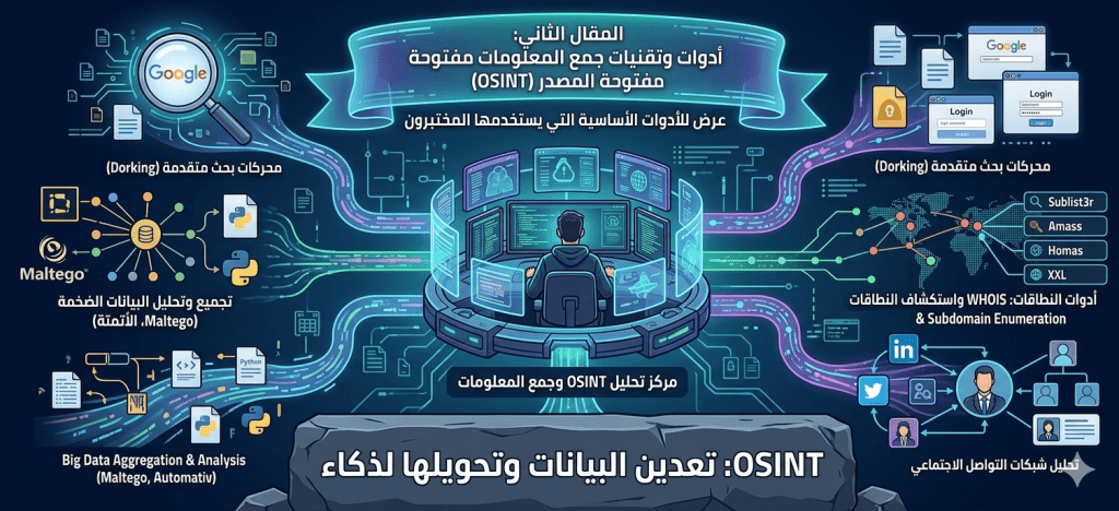 تعرف على أهم أدوات OSINT المستخدمة في اختبار الاختراق، من محركات البحث المتقدمة إلى تحليل النطاقات، وكيفية ربط البيانات الضخمة لاستخراج معلومات قيمة.