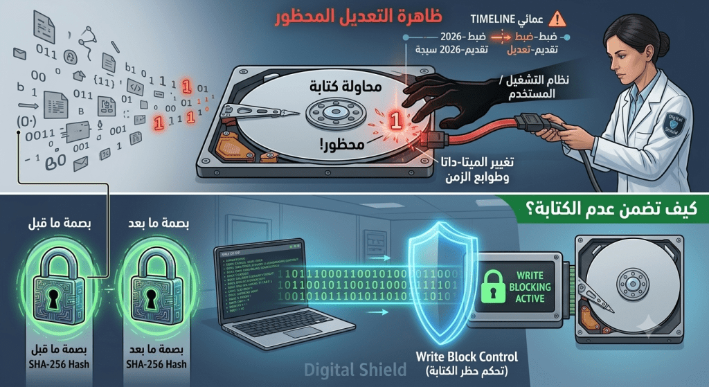 اكتشف ظاهرة التعديل المحظور في الأدلة الرقمية وكيف تستخدم حاجبات الكتابة (Write Blockers) المادية والبرمجية لضمان عدم كتابة بت واحد على القرص المستهدف.