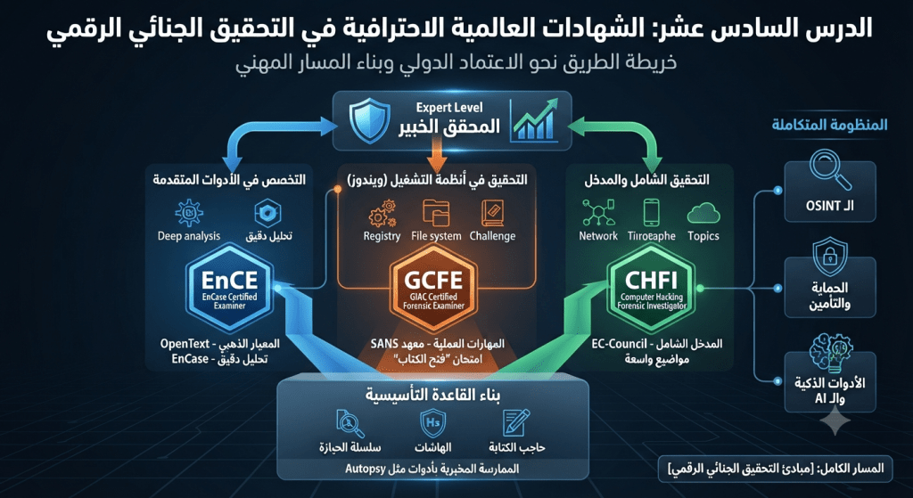 دليل المحققين للحصول على شهادات EnCE و GCFE و CHFI، وخريطة طريق عملية لبدء مسارك المهني والاعتماد الدولي في مجال التحقيق الجنائي الرقمي.
