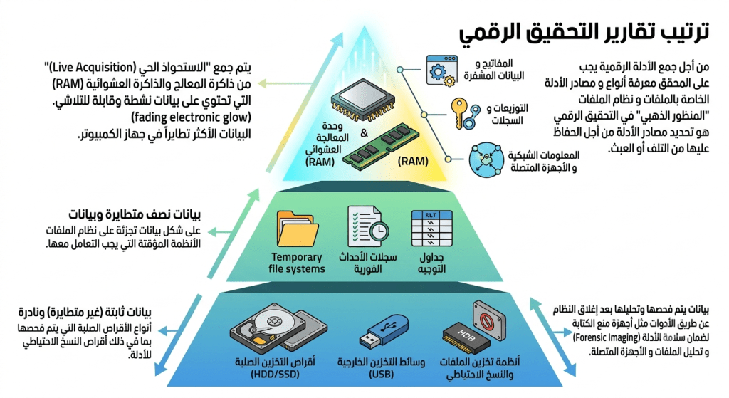 تعرف على الفرق بين البيانات المتطايرة (Volatile) والثابتة (Non-Volatile) في الأدلة الرقمية، والمعيار القياسي لجمع الداتا من الأجهزة لمنع ضياع الأدلة.