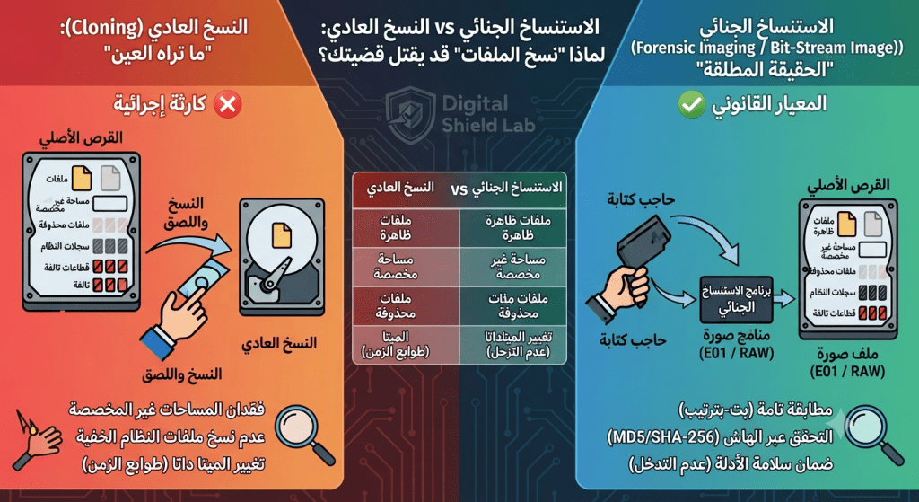 تعرف على الفرق الجوهري بين Forensic Imaging والنسخ العادي (Cloning)، ولماذا يعد الاستنساخ بت-بترتيب هو المعيار القانوني الوحيد المقبول للأدلة الرقمية.