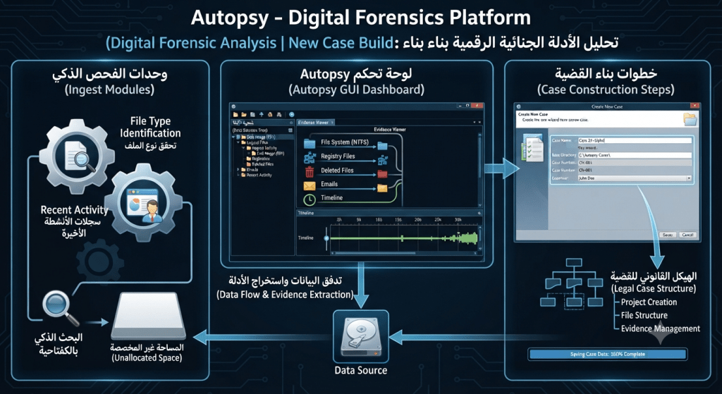 الدليل العملي الكامل للمحققين لشرح أداة التحقيق الرقمي Autopsy، وطريقة إعداد قضية جديدة، واختيار مصادر البيانات وتفعيل وحدات الفحص الآلي.
