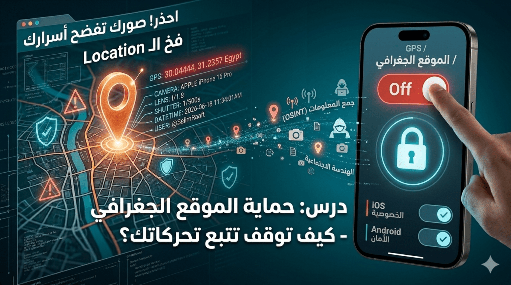 تعرف على مخاطر ميزة الـ Check-in ومشاركة الموقع الجغرافي على السوشيال ميديا، وكيف يستغلها المخترقون في الـ OSINT. دليل عملي لإيقاف تتبع الـ GPS في هاتفك.