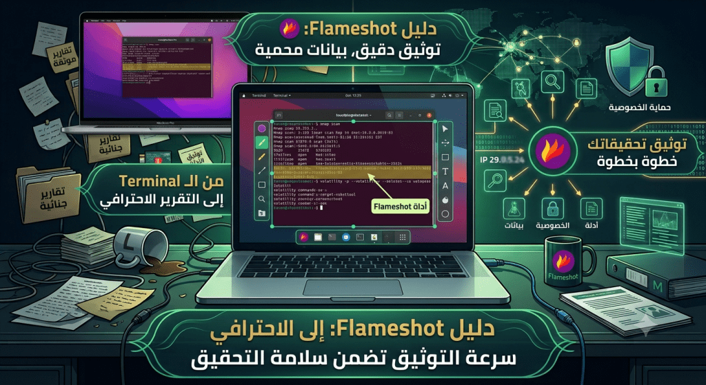 صورة توضيحية تعبر بدقة عن محتوى المقال، حيث تبرز كيف تعمل أداة Flameshot كطبقة تفاعلية فورية فوق واجهة الـ Terminal على أنظمة لينكس وماك. تظهر الصورة بوضوح إمكانية تظليل الأدلة الحرجة، وإضافة المؤشرات التوضيحية، وحجب البيانات الحساسة (كما فعلنا مع عنوان الـ IP والاسم) مباشرةً على الشاشة، مما يضمن توثيقاً احترافياً وسريعاً يواكب سرعة تدفق البيانات الجنائية.