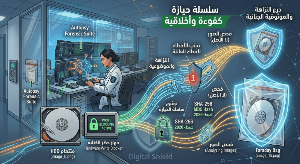 الدليل الهندسي والقانوني للمحققين لكتابة تقرير تحقيق جنائي رقمي احترافي، وصياغة الملخص التنفيذي، وتوثيق الأدلة والهاشات لضمان قبولها قضائياً.