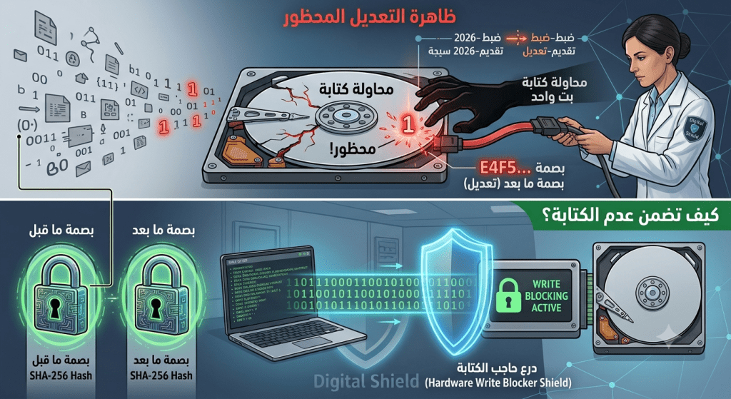دليل المحققين لفهم الفروق التقنية والهندسية بين حاجبات الكتابة المادية (Hardware) والبرمجية (Software Write Blockers) وآلية عمل كل منهما في حماية الأدلة الرقمية.