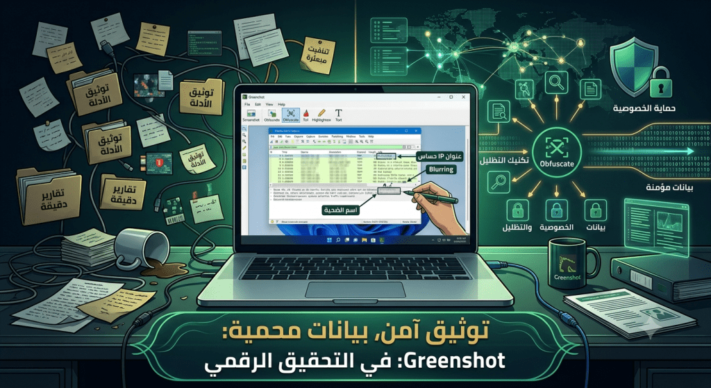دليل شامل لاستخدام أداة Greenshot في التحقيق الرقمي. تعلم كيفية توثيق الأدلة الجنائية وتطبيق تكنيك التظليل (Obfuscation) لحماية البيانات الحساسة.