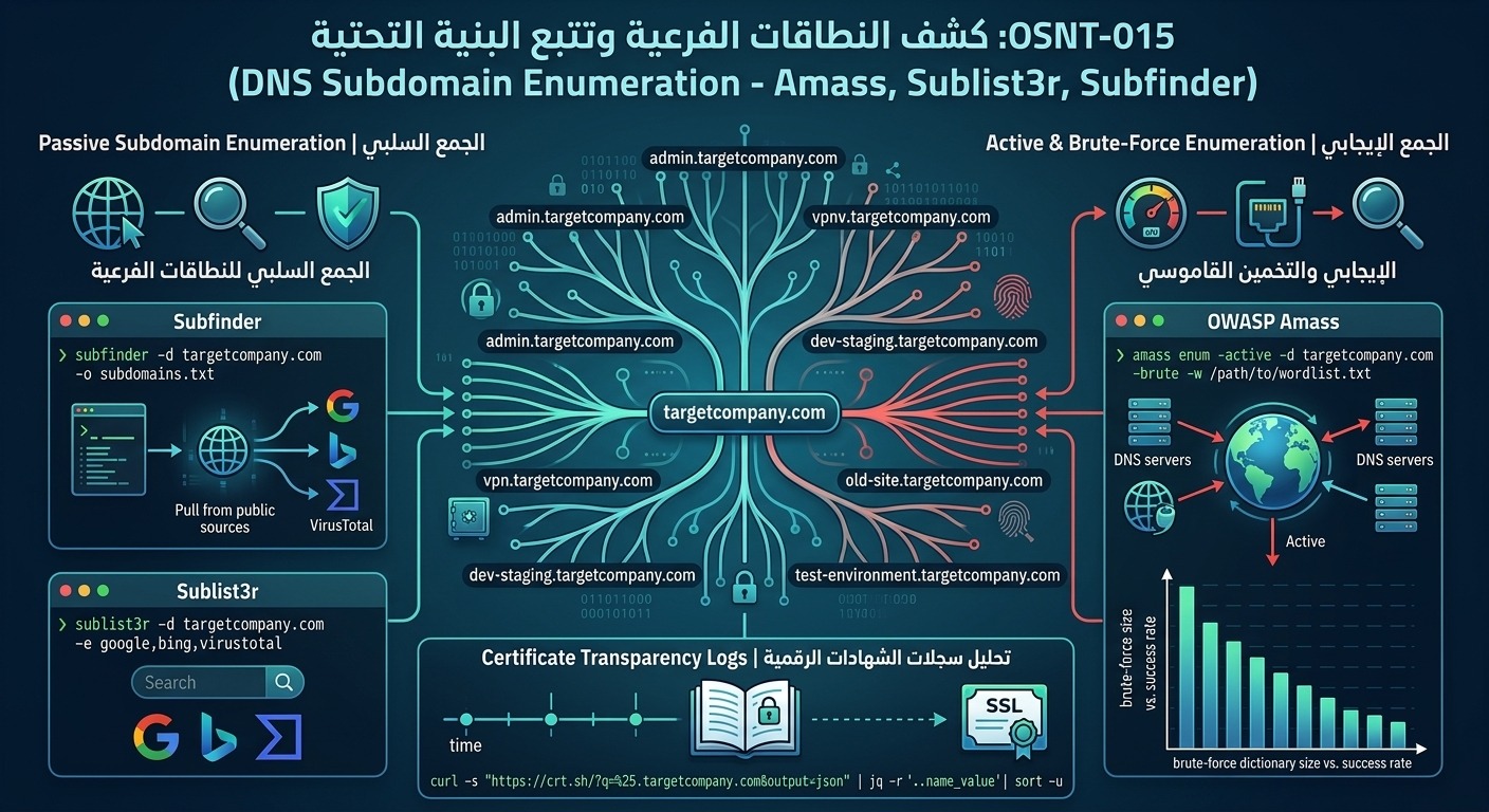 OSNT-015: كشف النطاقات الفرعية وتتبع البنية التحتية (DNS Subdomain Enumeration – Amass, Sublist3r, Subfinder)