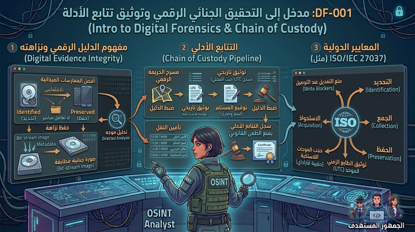 DF-001: مدخل إلى التحقيق الجنائي الرقمي وتوثيق تتابع الأدلة (Intro to Digital Forensics & Chain of Custody)