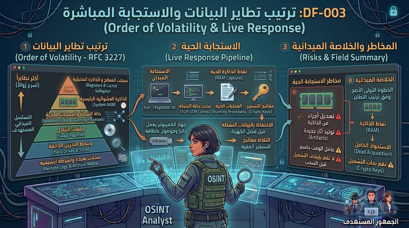 DF-003: ترتيب تطاير البيانات والاستجابة المباشرة (Order of Volatility & Live Response)