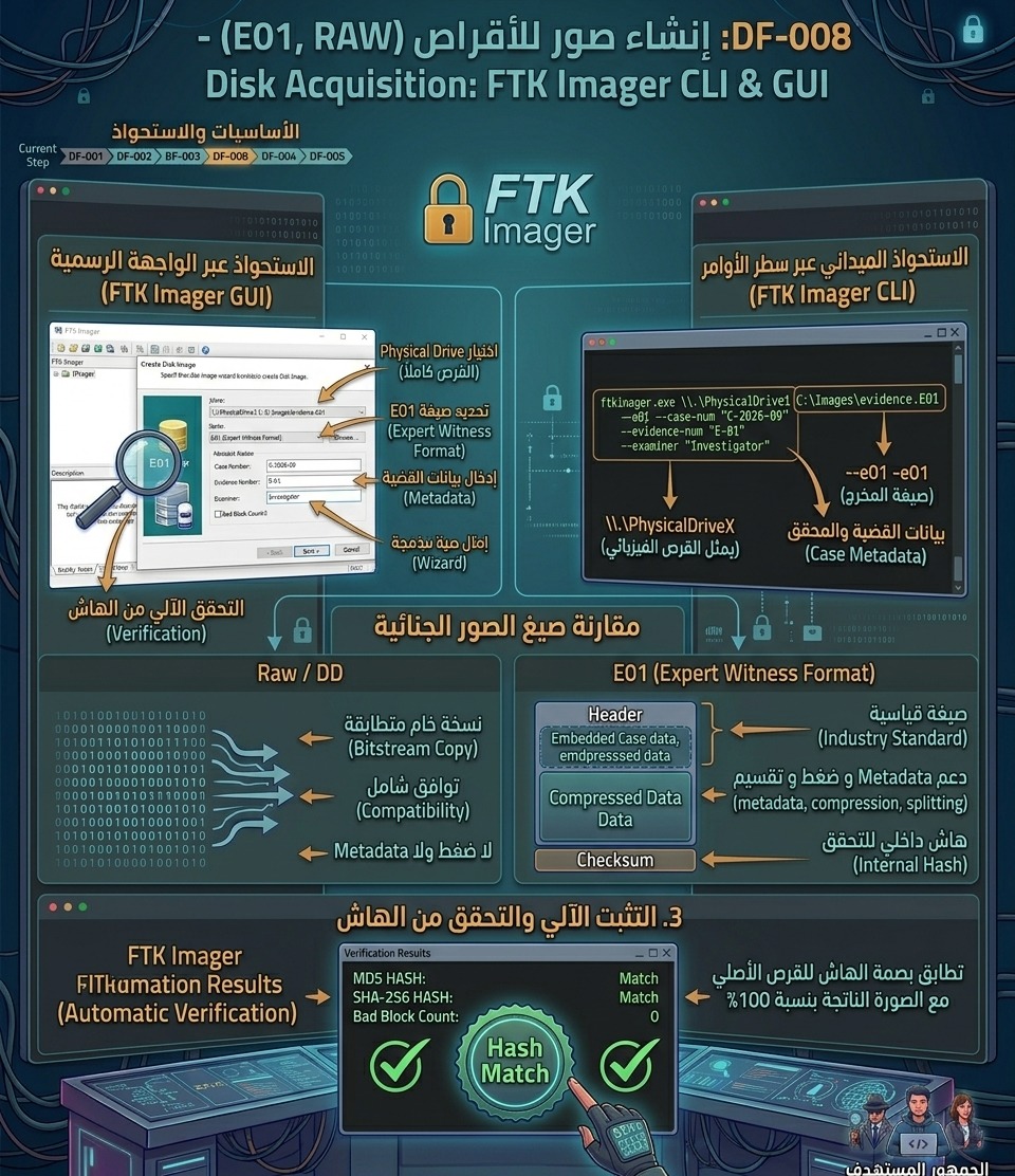 DF-008: إنشاء صور للأقراص (E01, RAW) – Disk Acquisition: FTK Imager CLI & GUI