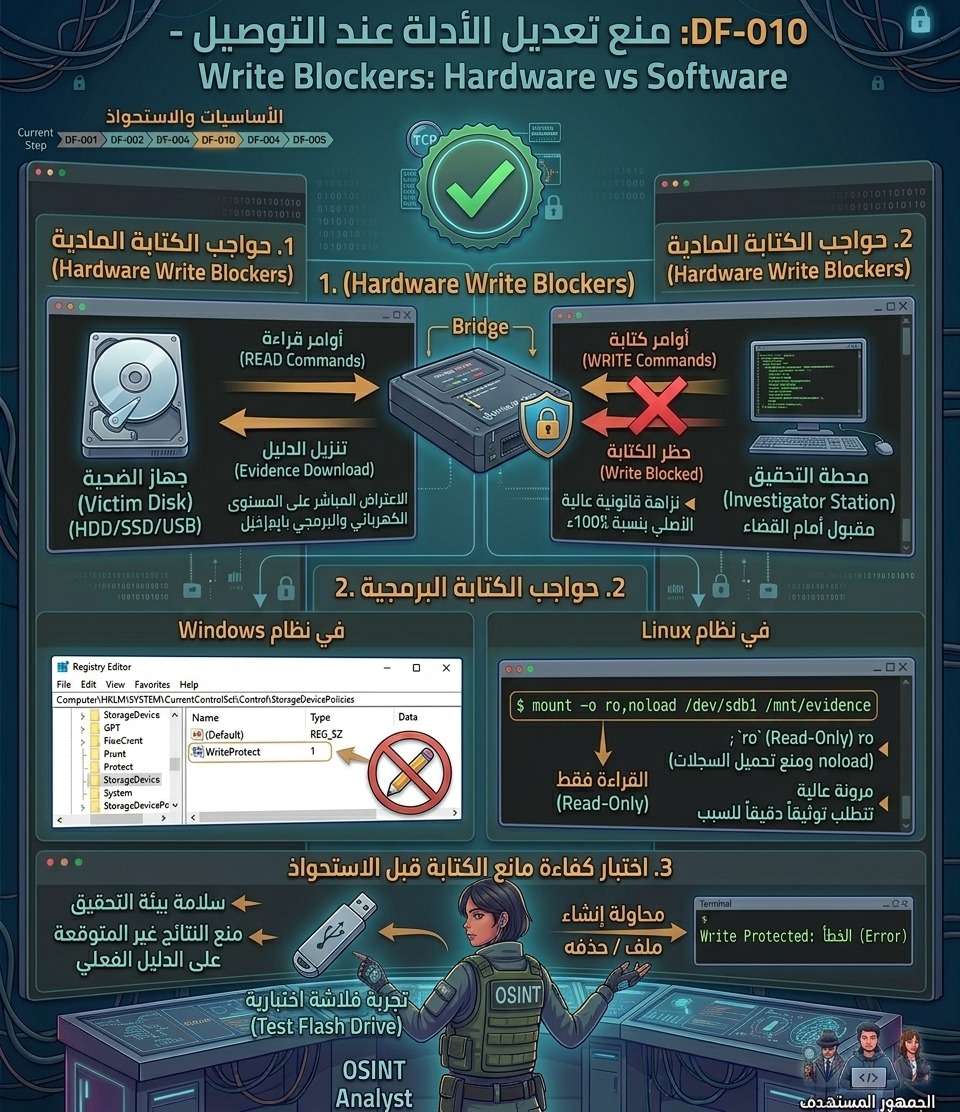 DF-010: منع تعديل الأدلة عند التوصيل – Write Blockers: Hardware vs Software