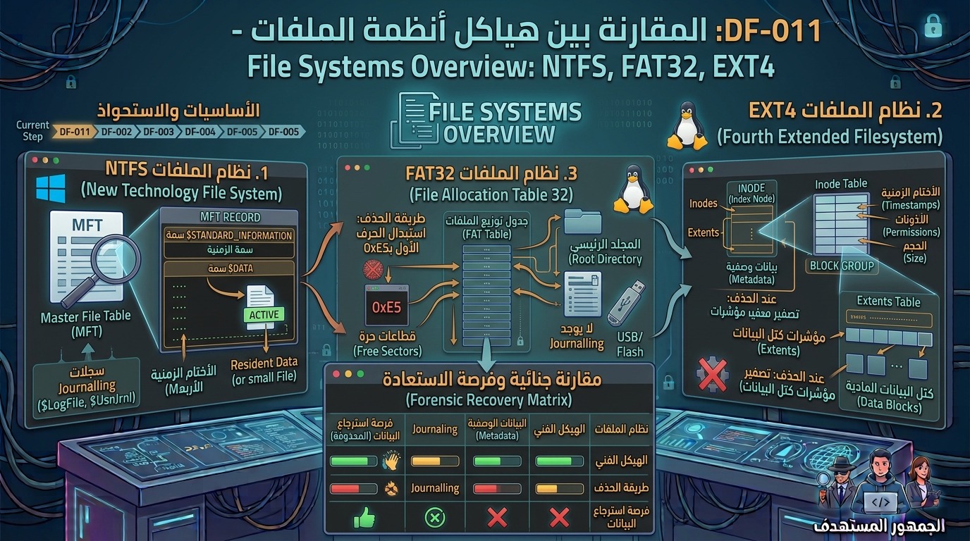 DF-011: المقارنة بين هياكل أنظمة الملفات – File Systems Overview: NTFS, FAT32, EXT4