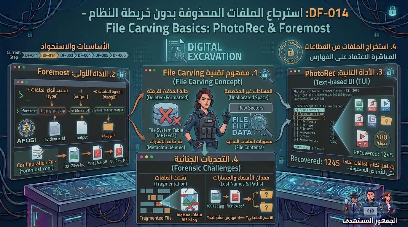 DF-014: استرجاع الملفات المحذوفة بدون خريطة النظام – File Carving Basics: PhotoRec & Foremost