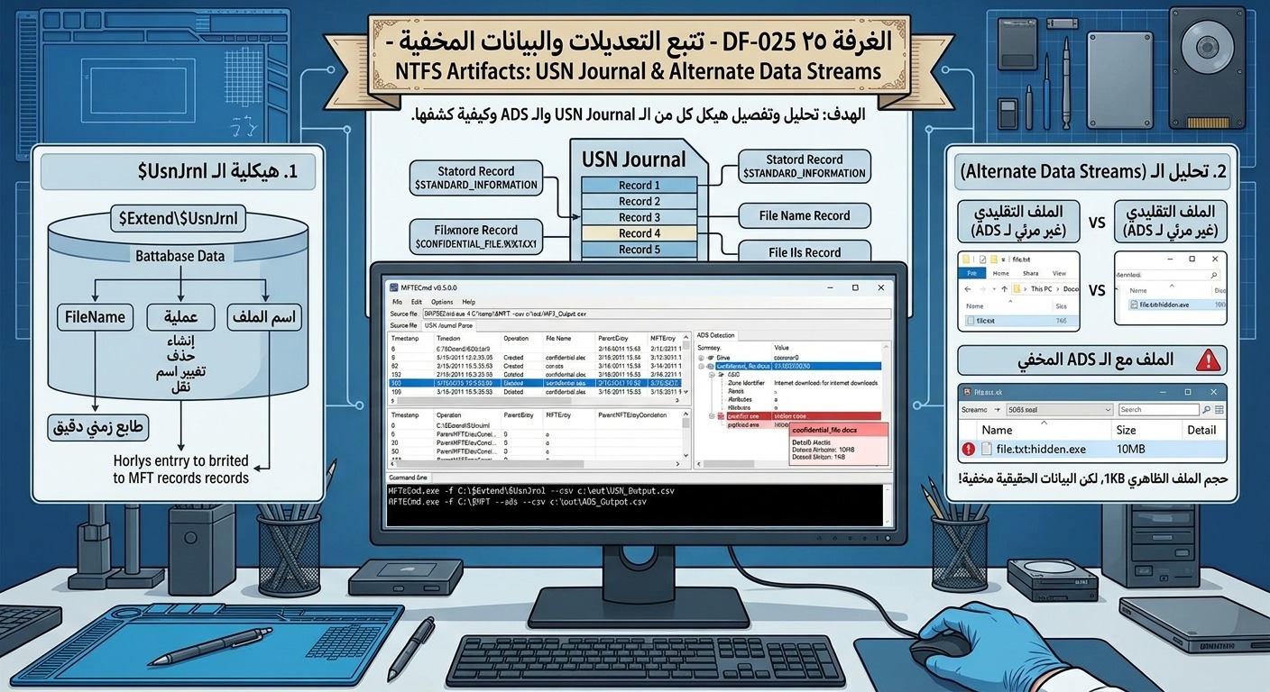 DF-025: تتبع التعديلات والبيانات المخفية – NTFS Artifacts: USN Journal & Alternate Data Streams