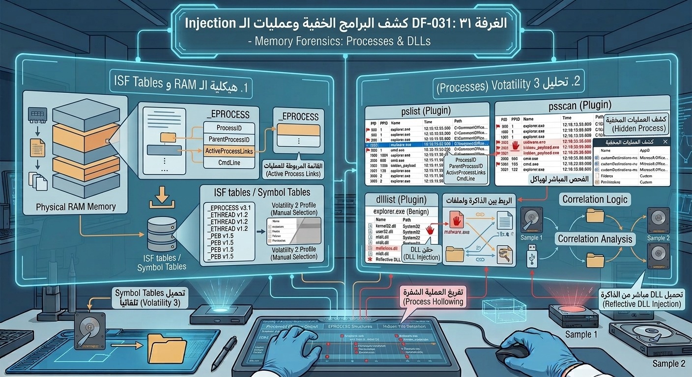 DF-031: كشف البرامج الخفية وعمليات الـ Injection – Memory Forensics: Processes & DLLs