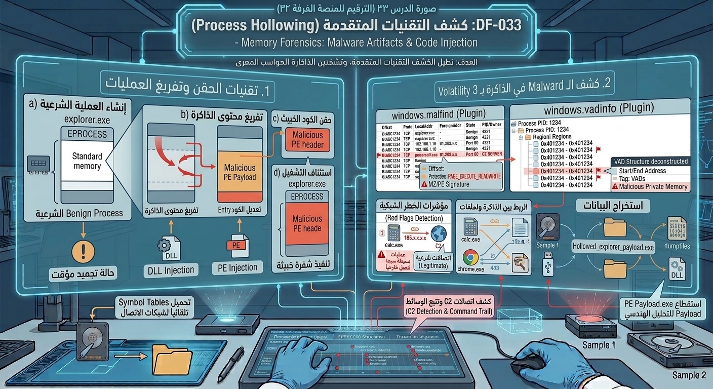 DF-033: كشف التقنيات المتقدمة (Process Hollowing) – Memory Forensics: Malware Artifacts & Code Injection